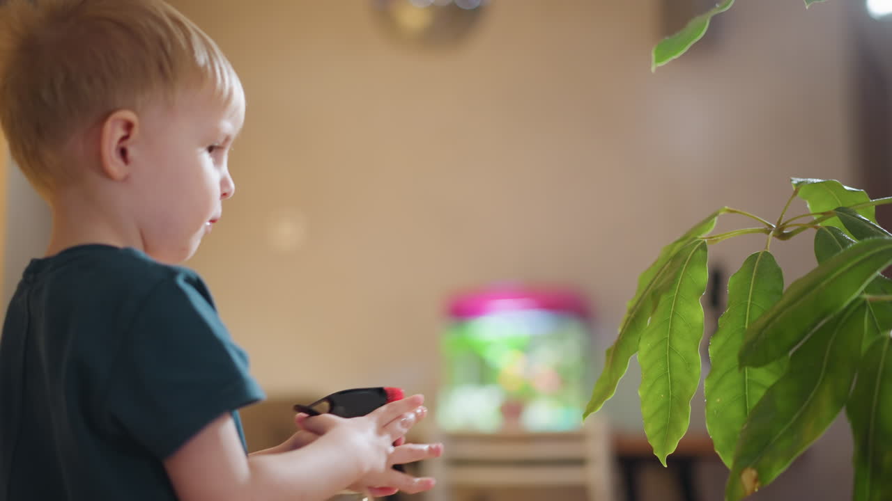 Young boy holding spray bottle carefully watering green indoor plant leaves, showing responsibility and connection with nature, learning gardening skills while enjoying peaceful activity inside cozy home