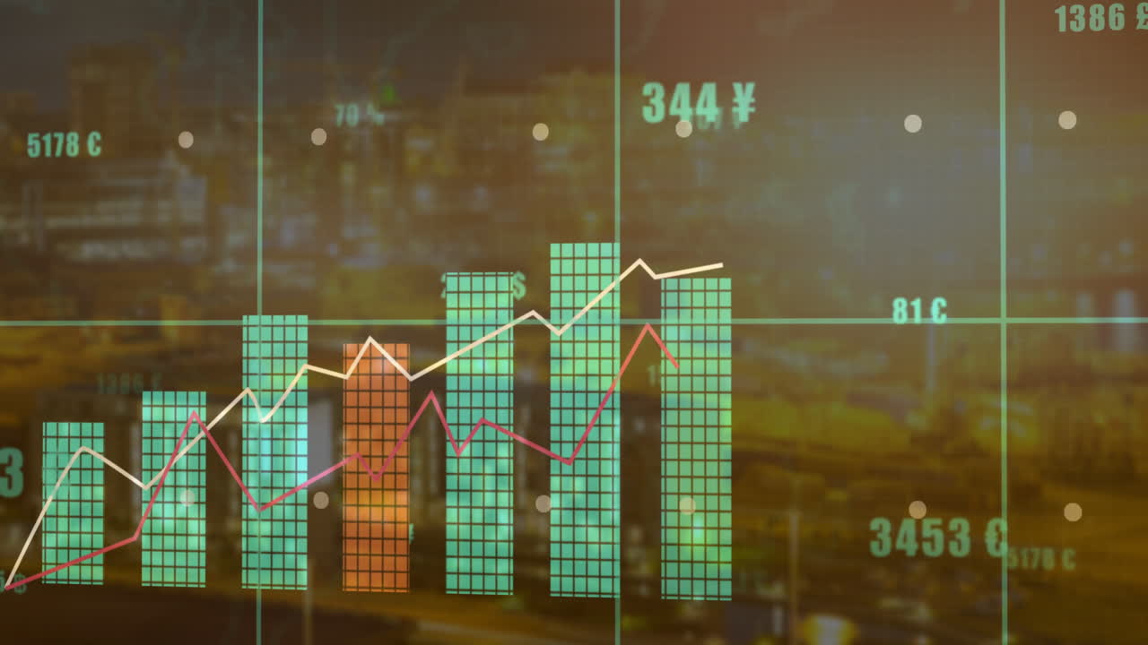 Displaying financial data with bar and line graphs over cityscape animation