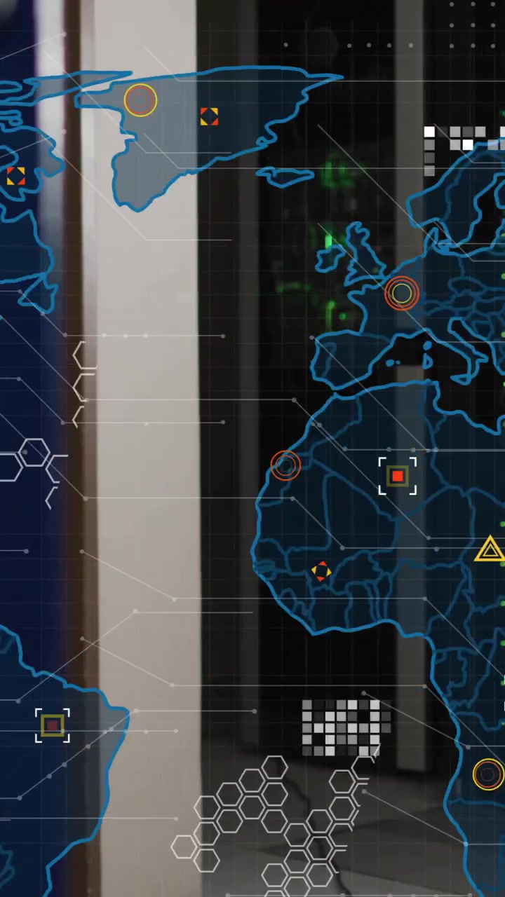 World map with data points and network connections animation over server room