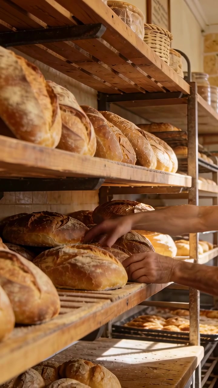 Vertical video: Entering baker hands in apron moving crusty loaves on wood rack at bakery for sale
