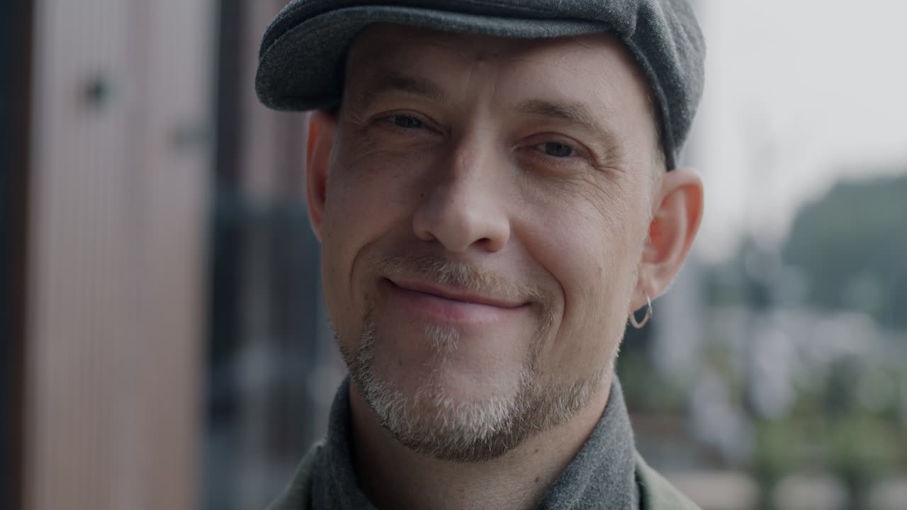 Smiling Man Wearing a Grey Hat