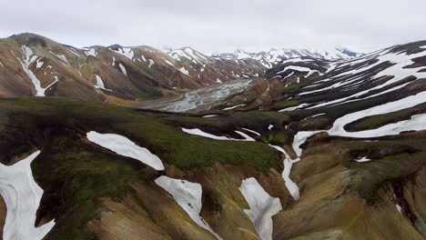 drone aerial footage of landmannalaugar landscape in iceland highlands.