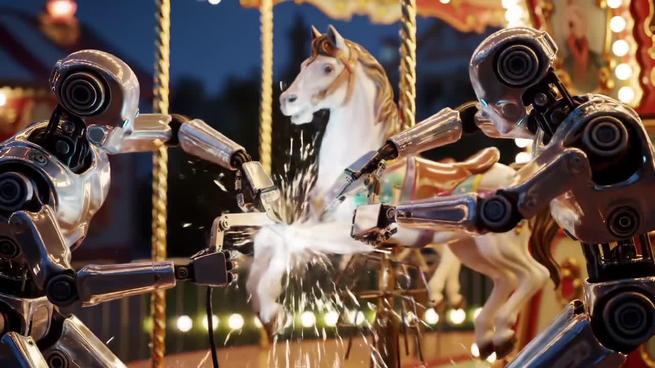 Futuristic Robots Engage in a Playful, Yet Competitive Showdown Over a Carousel Horse, Igniting Sparks in a Mysterious and Enchanting Night Setting