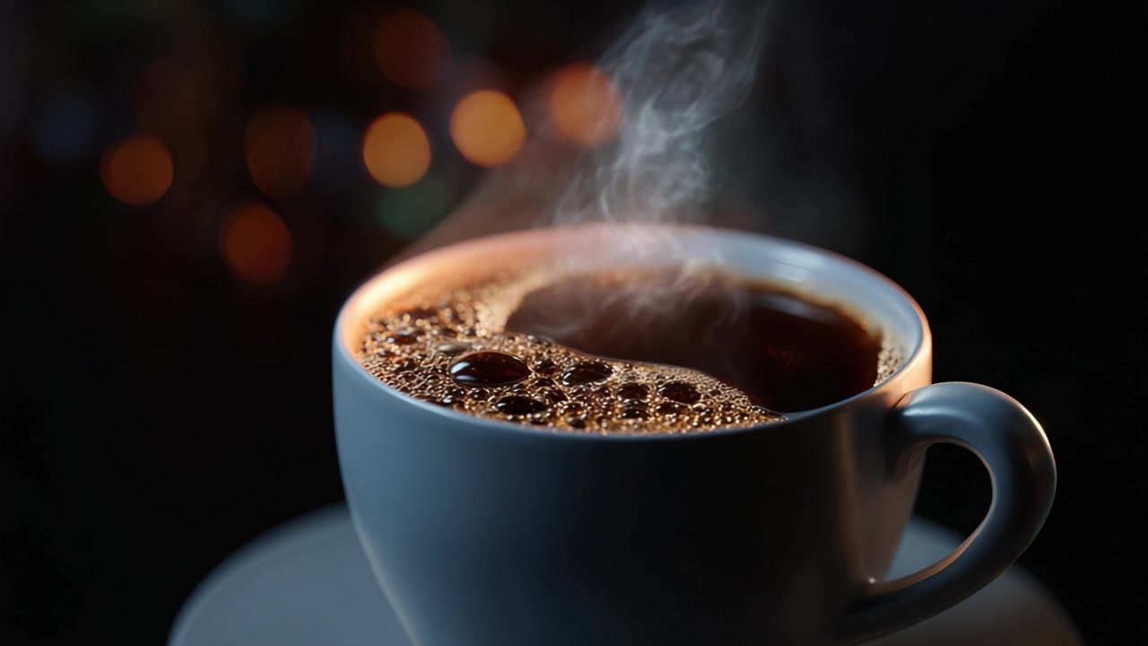 En nybrygget kopp kaffe med dampende aroma og fyldige bobler, fanget i en koselig setting, perfekt innbydende for kaffeelskere overalt.