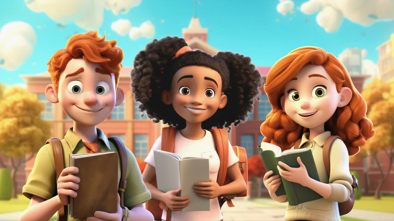 Animated video still of three smiling students holding books, captured from a front-facing angle
