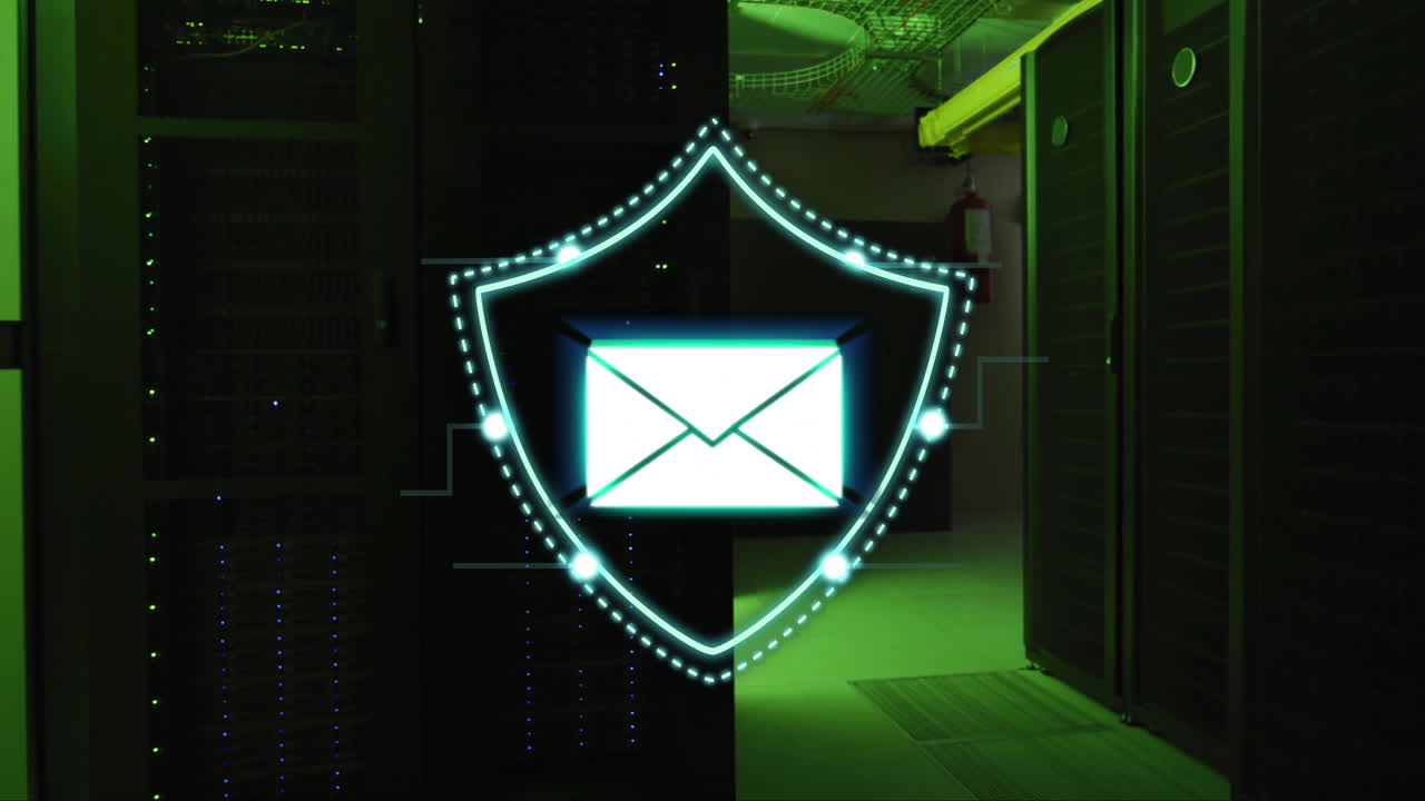 animación de la seguridad del correo electrónico en el fondo de la sala de servidores en un entorno técnico