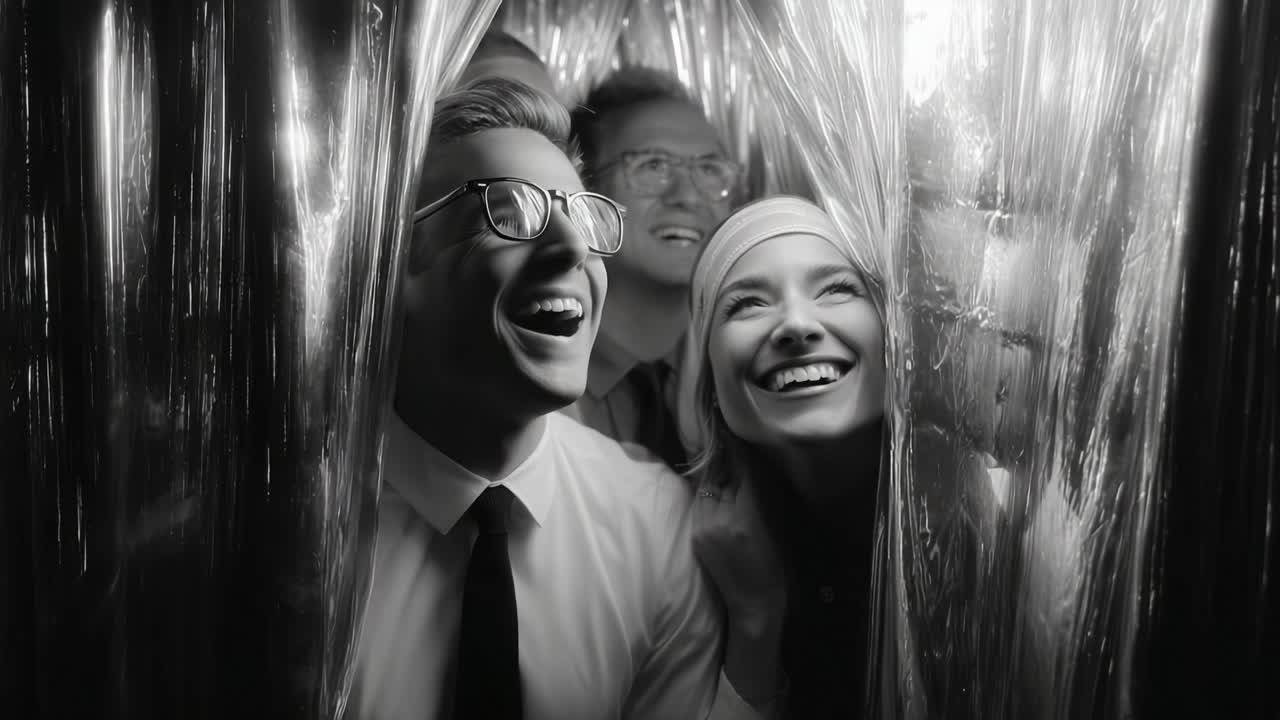 A Joyful Moment in an Enclosed Space with Friends: Captured Laughter and Delight as They Experience a Shared Enjoyable Time Behind a Transparent Barrier in Black and White Imagery