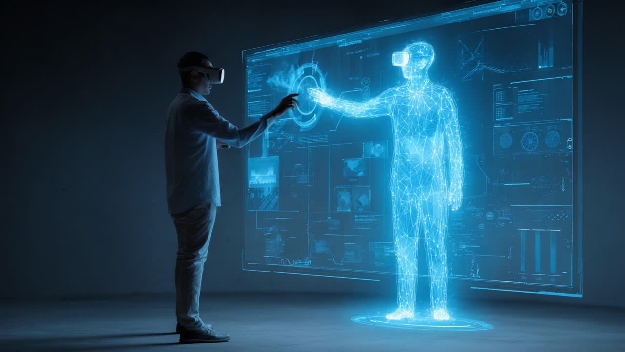 A person engages with a holographic display showcasing advanced virtual reality technology, highlighting the fusion of human interaction with digital innovations in a captivating futuristic environment