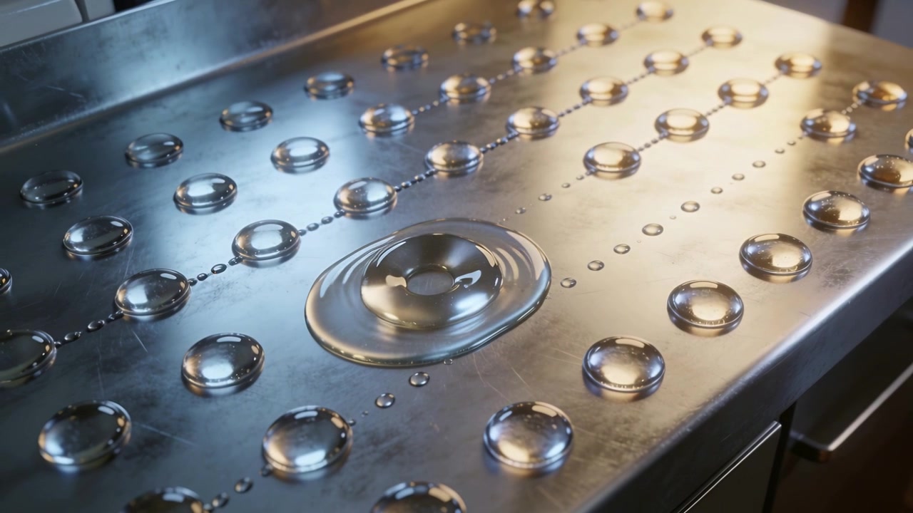 Impacting central droplet oscillating, bulging, flattening on steel countertop with bead grid