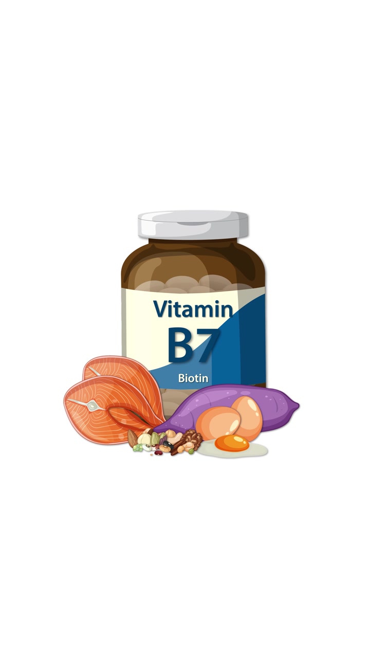 Flacone di Vitamina B7 (biotina) mostrato con uova, frutta secca, patata dolce e cipolla su sfondo bianco