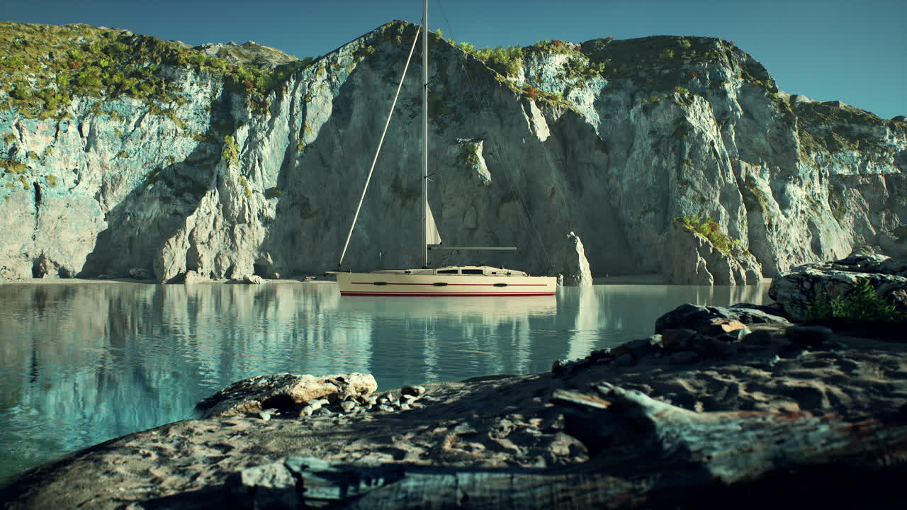 바위 절벽 이 있는 만 에 정박 한  ⁇ 색 요트