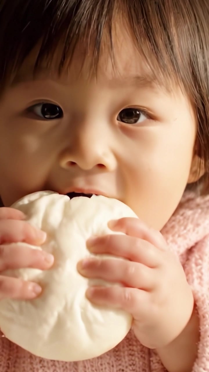 Joyful Child Enjoying a Delicious Bite of Soft Bun, Radiating Happiness and Cheer in Every Smile as She Relishes Her Tasty Treat
