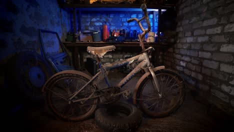 una vieja bicicleta oxidada, herencia parental en el garaje.