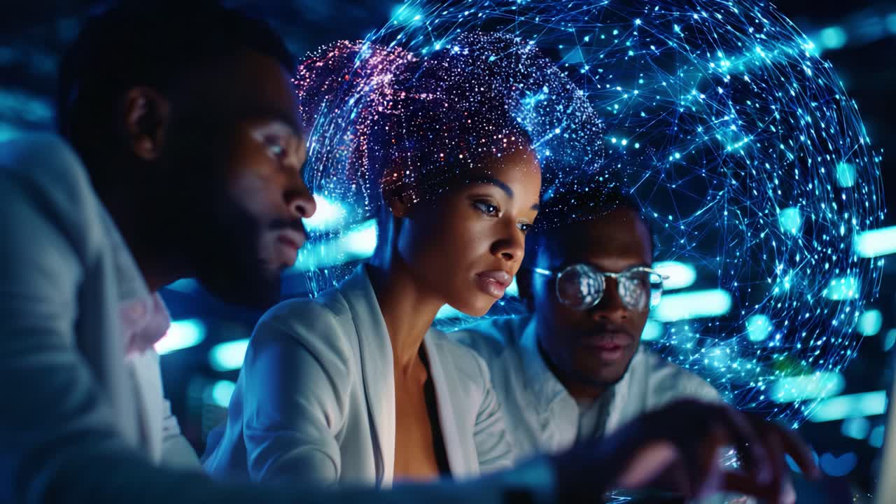 Three individuals engaged in a futuristic discussion, surrounded by a vibrant network of digital connections, showcasing the fusion of technology and creativity in a modern context