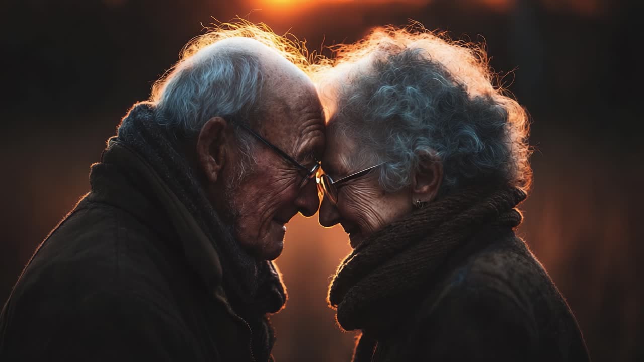 Un commovente momento d'amore tra due anziani mentre condividono un tenero tocco sulla fronte sullo sfondo di un bellissimo tramonto.