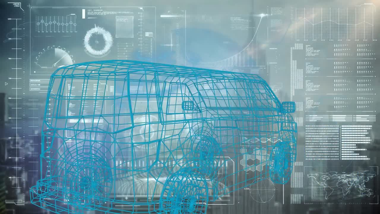 도시 풍경과 데이터 처리에 대한 디지털 자동차의 애니메이션