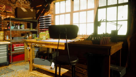 a vintage workshop with a workbench and tools