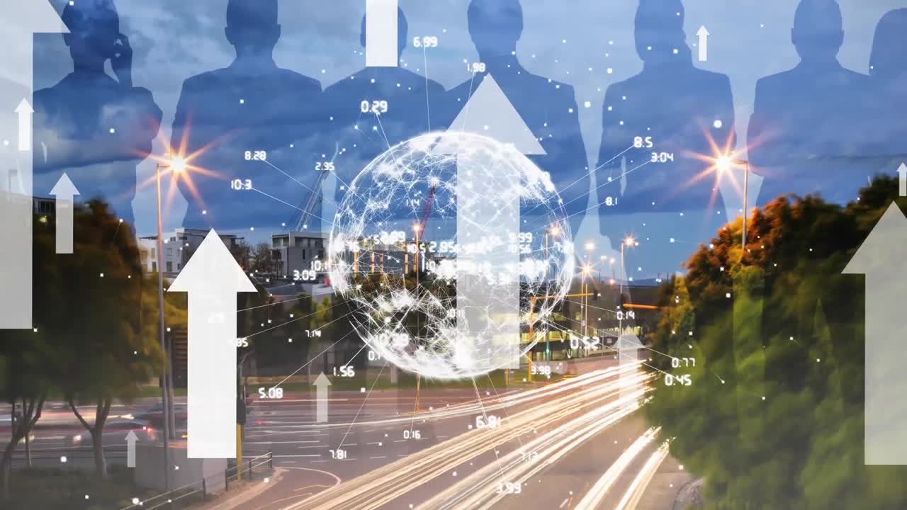 도시 풍경 배경 위를 가리키는 화살표와 연결의 지구의 애니메이션