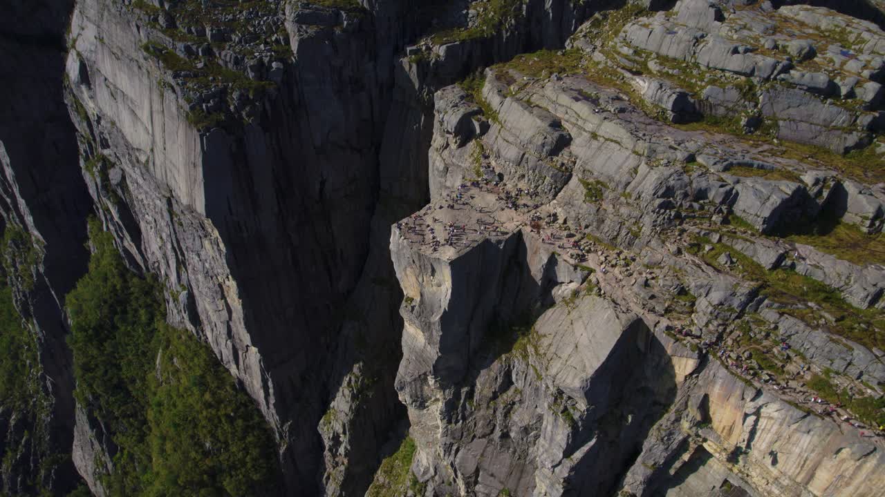 Scenic aerial panorama of Preikestolen Pulpit Rock plateau above Lysefjord on a sunny day in Norway.