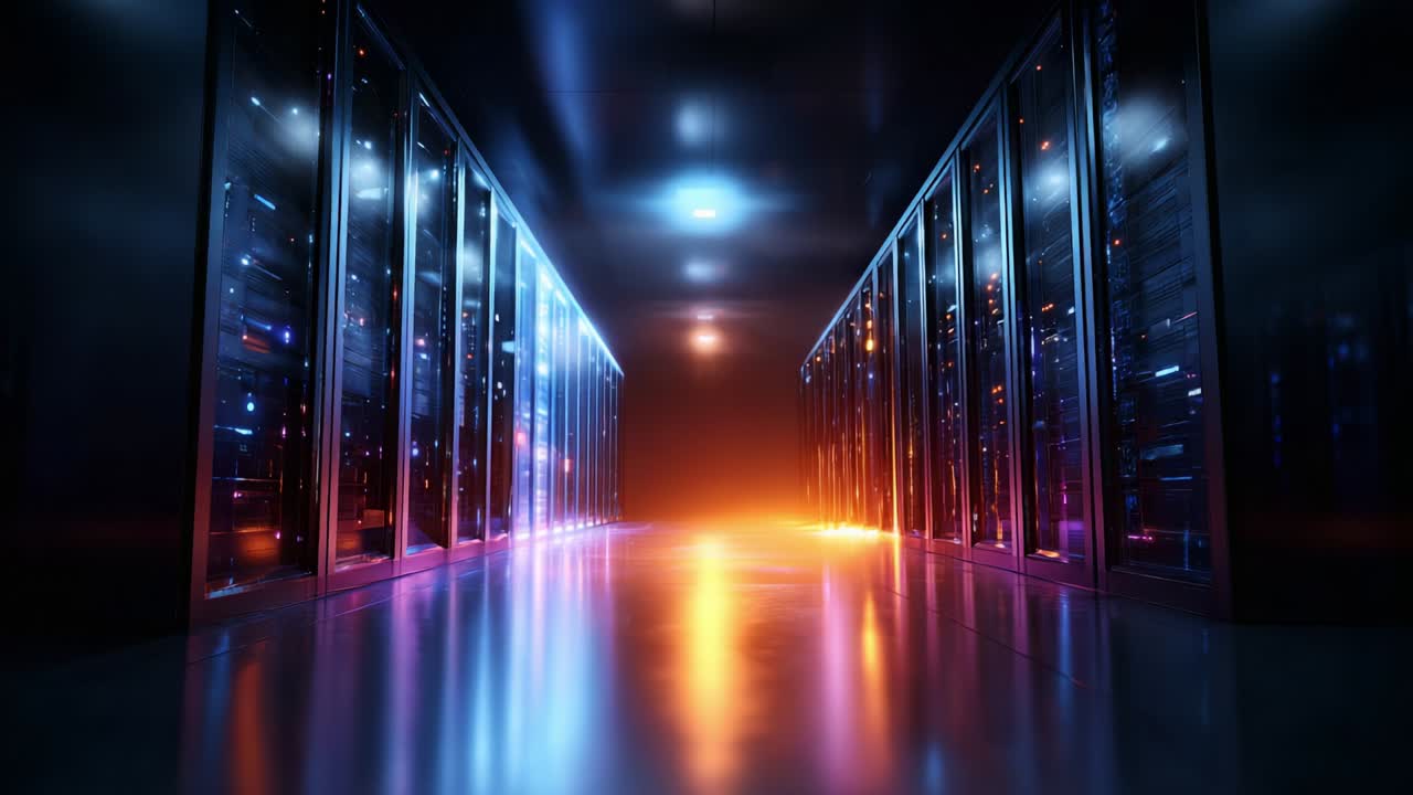 A Stunning Perspective Down a High-Tech Data Center Aisle, Showcasing Rows of Server Racks Illuminated by Mesmerizing LED Lights, Creating an Impressive Contrast Between Colors and Shadows