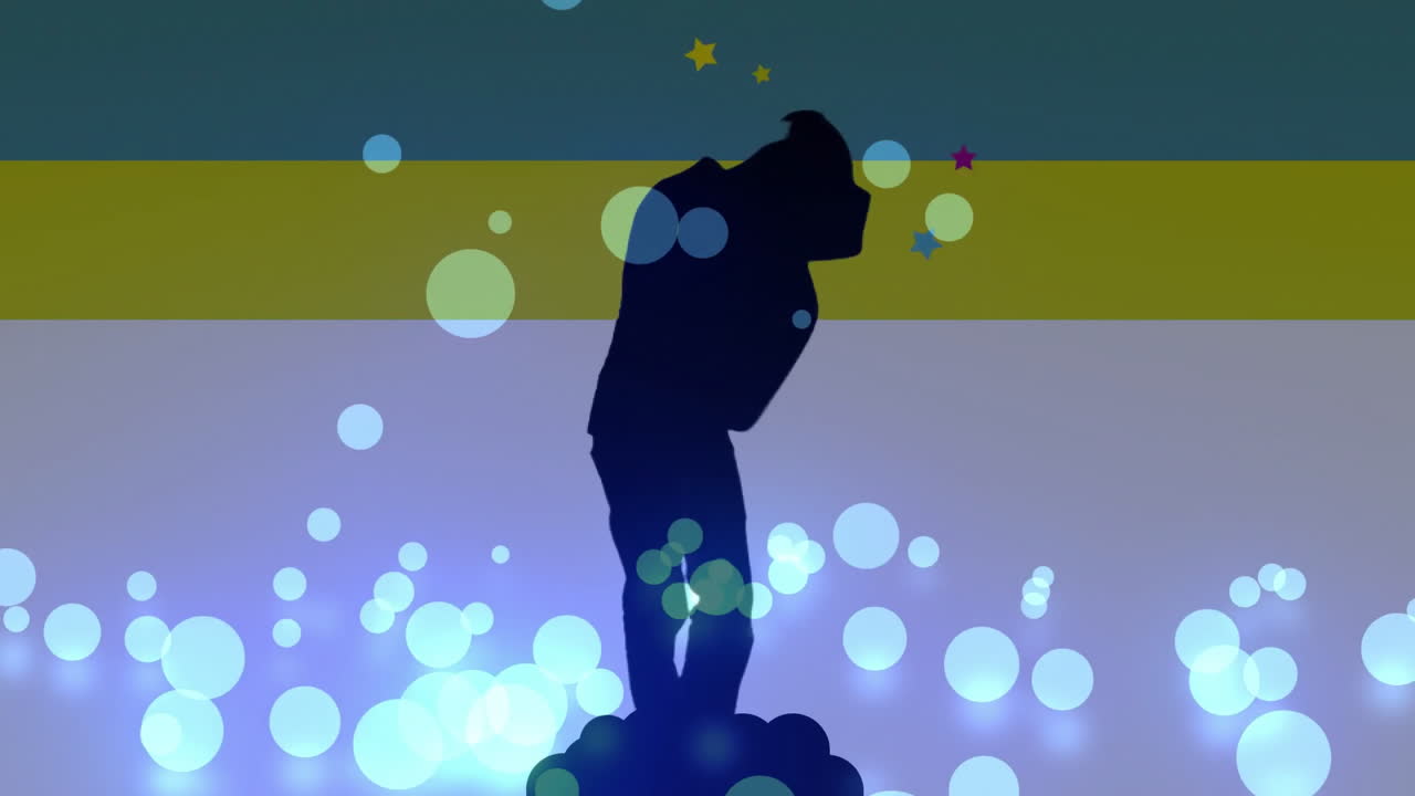 Silhouette of person in hat over colorful stripes and bokeh light animation