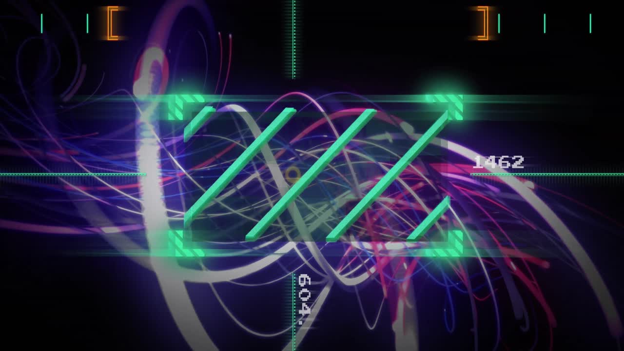 animación de líneas en el visor y números cambiantes con patrón en espiral sobre fondo negro