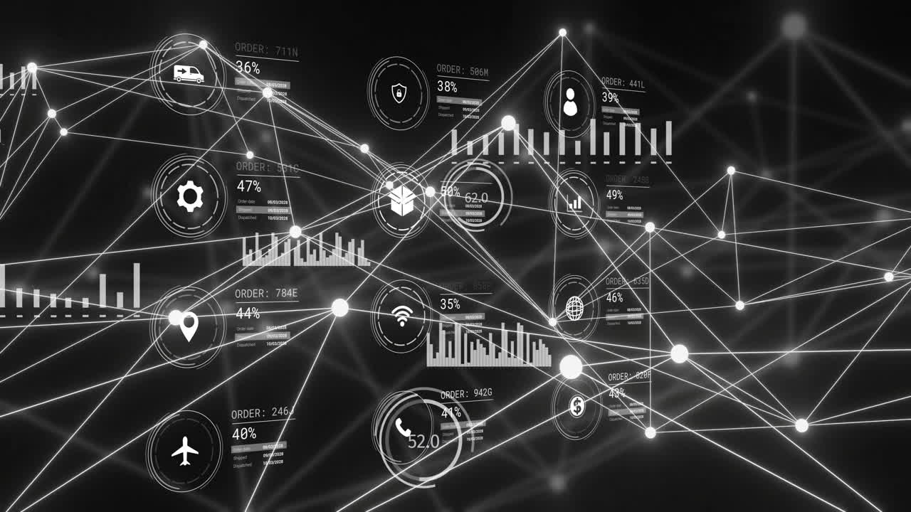 animación del procesamiento de datos con íconos sobre conexiones