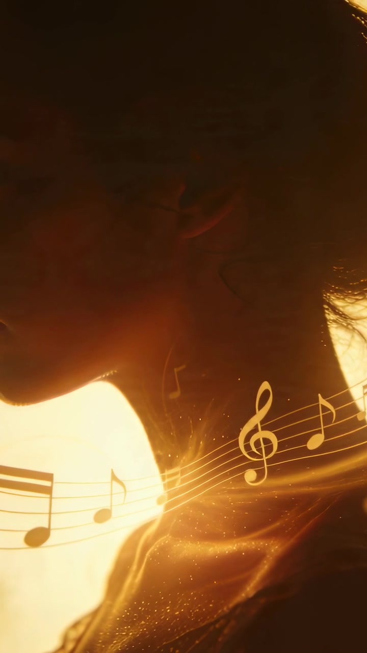 Video verticale: Mostrando una donna che inclina il collo in studio mentre la retroilluminazione si intensifica, con note musicali che scorrono.