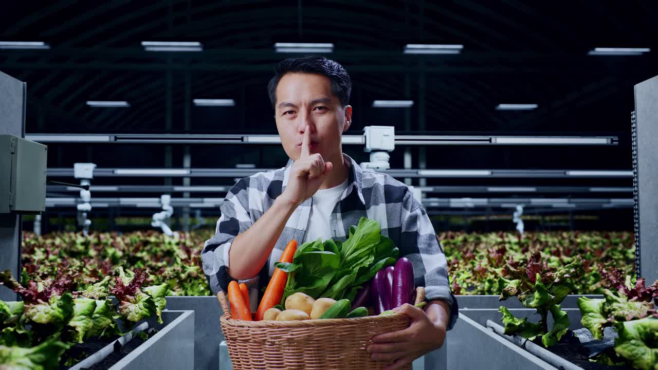 아시아 남성 농부 가 채소 바구니 를 들고 지능적 인 농장 에서 침 의 몸짓 을 보여 준다