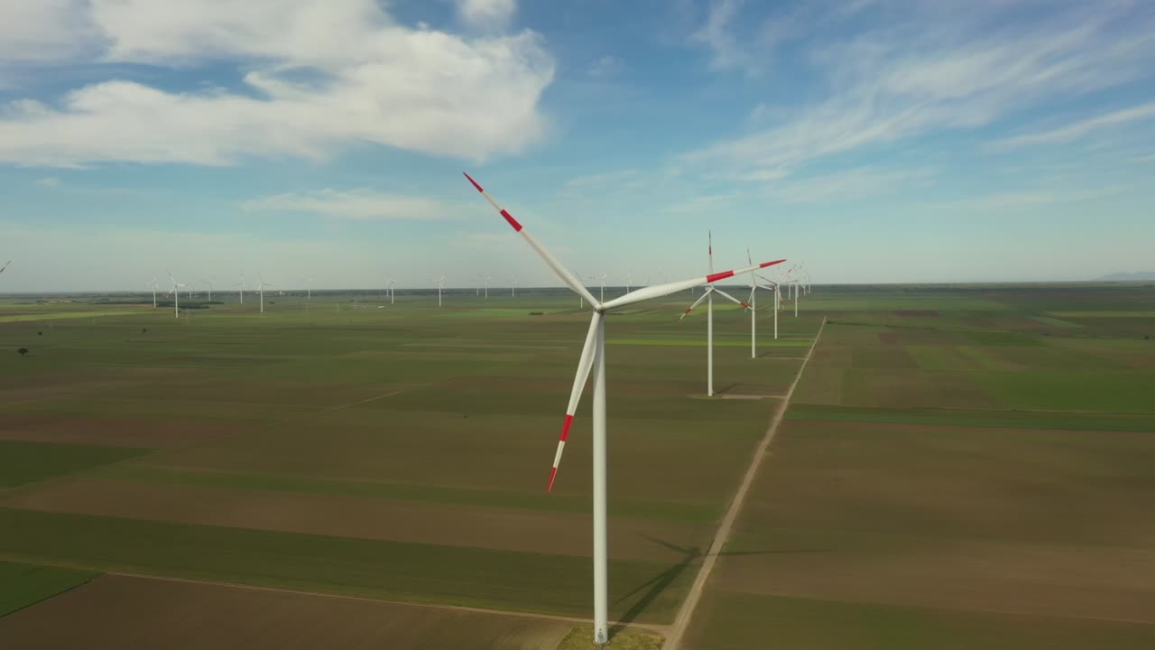 View of several windmills, wind generators, turbines, producing renewable clean energy by converting kinetic energy