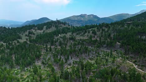 aerial panoramic dolly establishes estes park colorado mountainside with road and trails winding along ridgeline