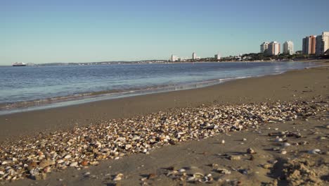 Punta-Del-Este-Strand-Mit-Boot-Und-Stadthintergrund