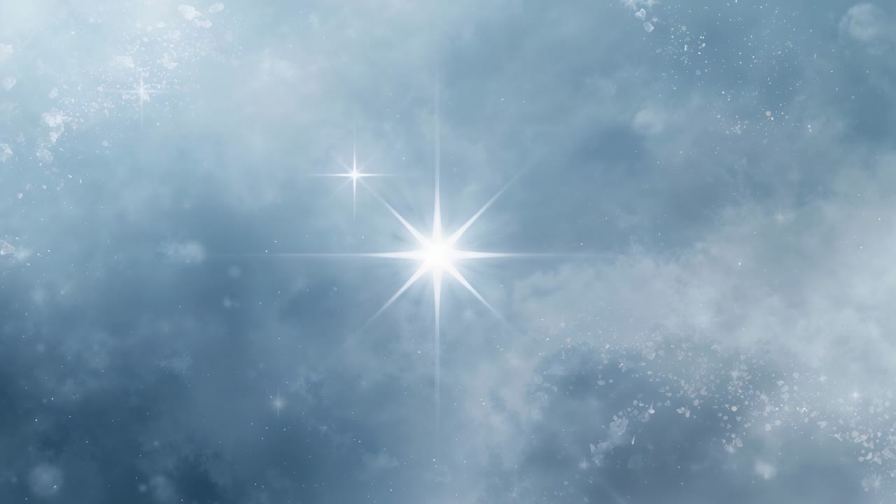 Pulsing central star glowing, flaring across clouds over frames, upper-left star and drifting dots