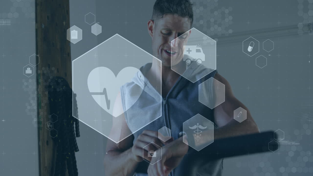 animación de iconos médicos y de salud sobre un hombre caucásico haciendo ejercicio en el gimnasio