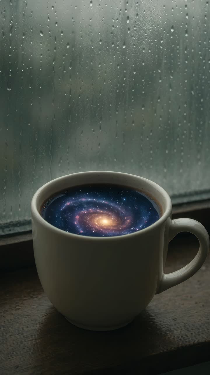 A surreal video concept featuring a close-up angle of a coffee cup with a galaxy inside, set