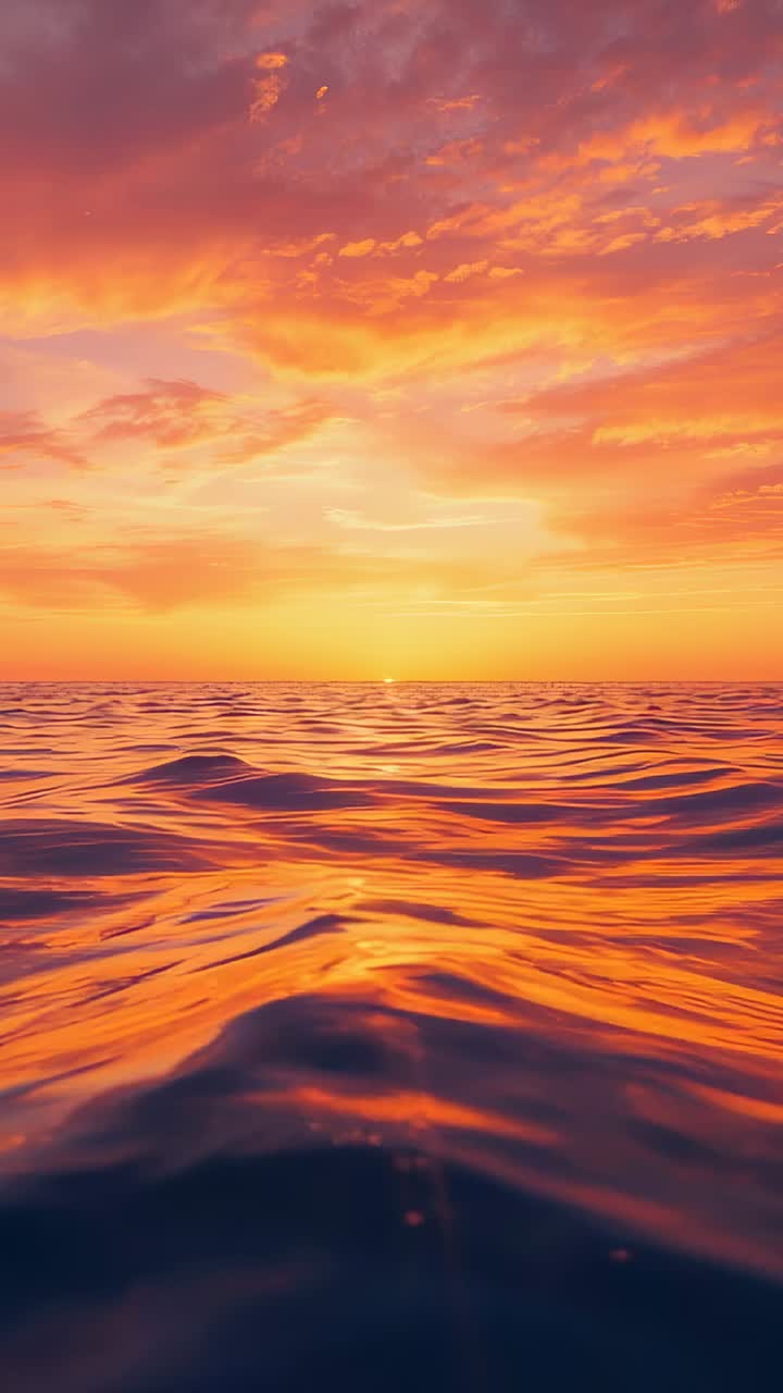 Vertical video: Rising sun lifting above horizon, ocean surface reflecting golden bands at open sea
