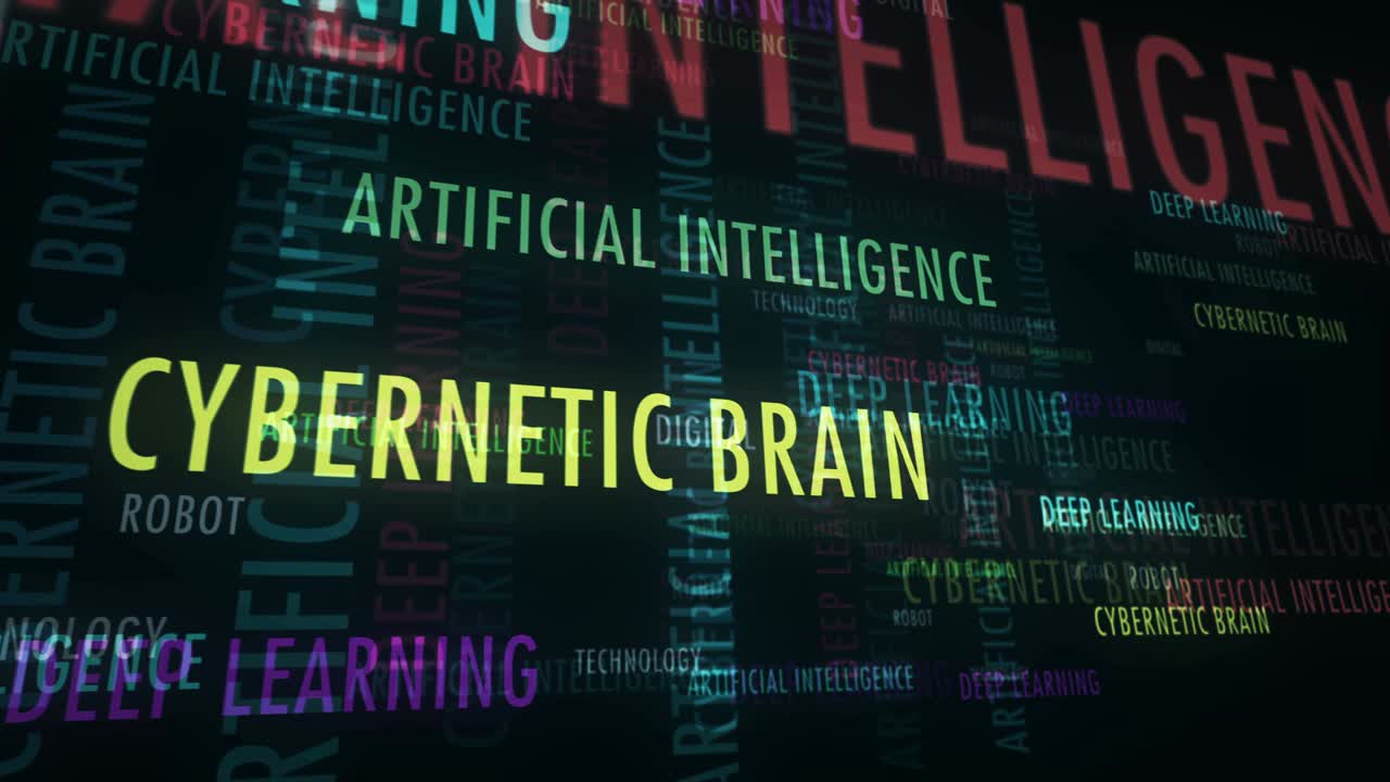 Artificial intelligence deep learning and cybernetic brain text loop abstract concept