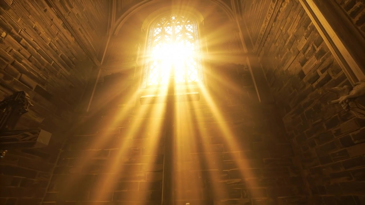 Sole nascente che filtra da una finestra ad arco con vetrate colorate, riempiendo una nicchia della cappella e illuminando le candele dell'altare.