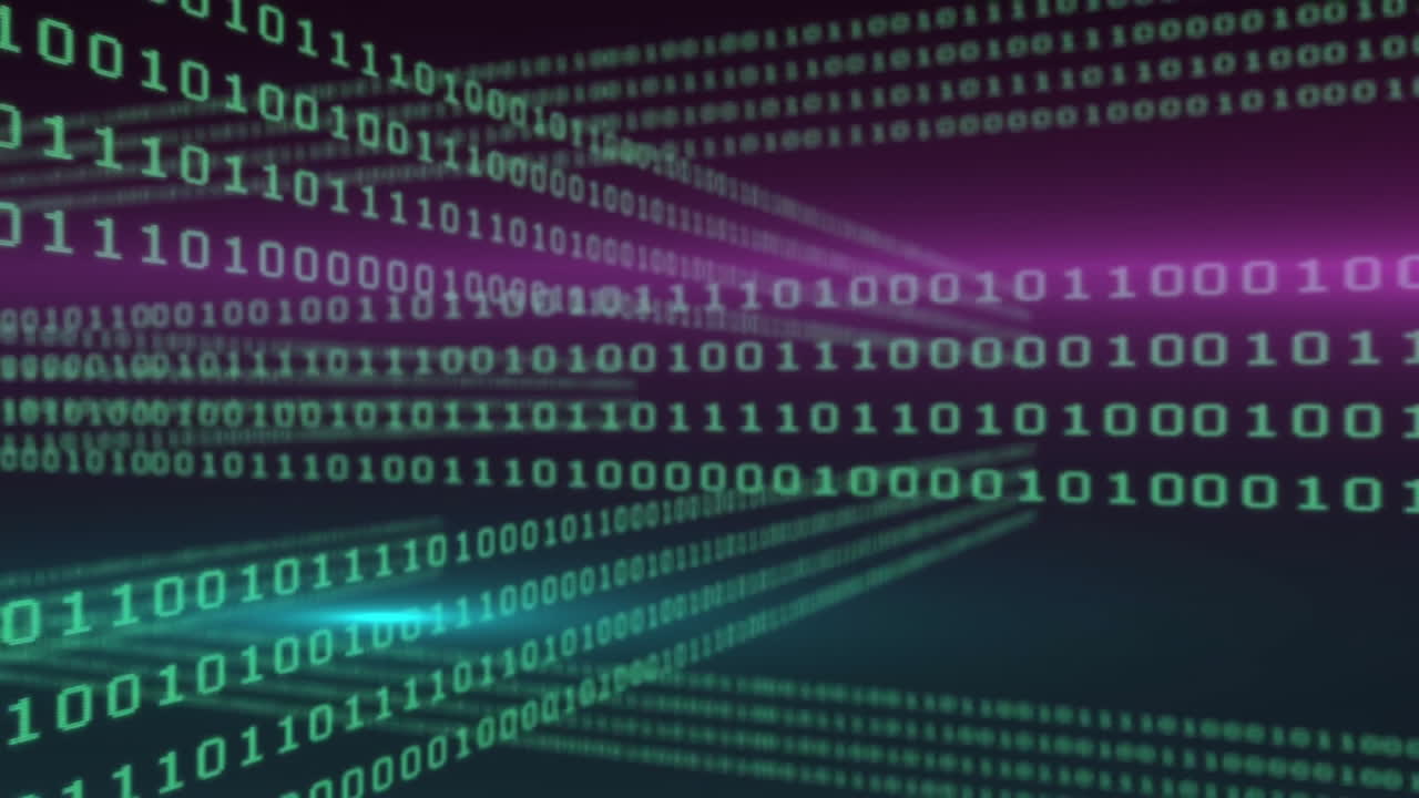 Animation of binary coding and glowing light trails moving over black background