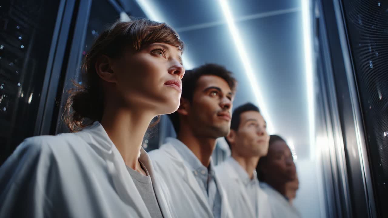 A Diverse Group of Scientists in Lab Coats Looking Upward with Determined Expressions While Surrounded by High-Tech Equipment and Illuminated by Blue Lights, Symbolizing Innovation and Progress
