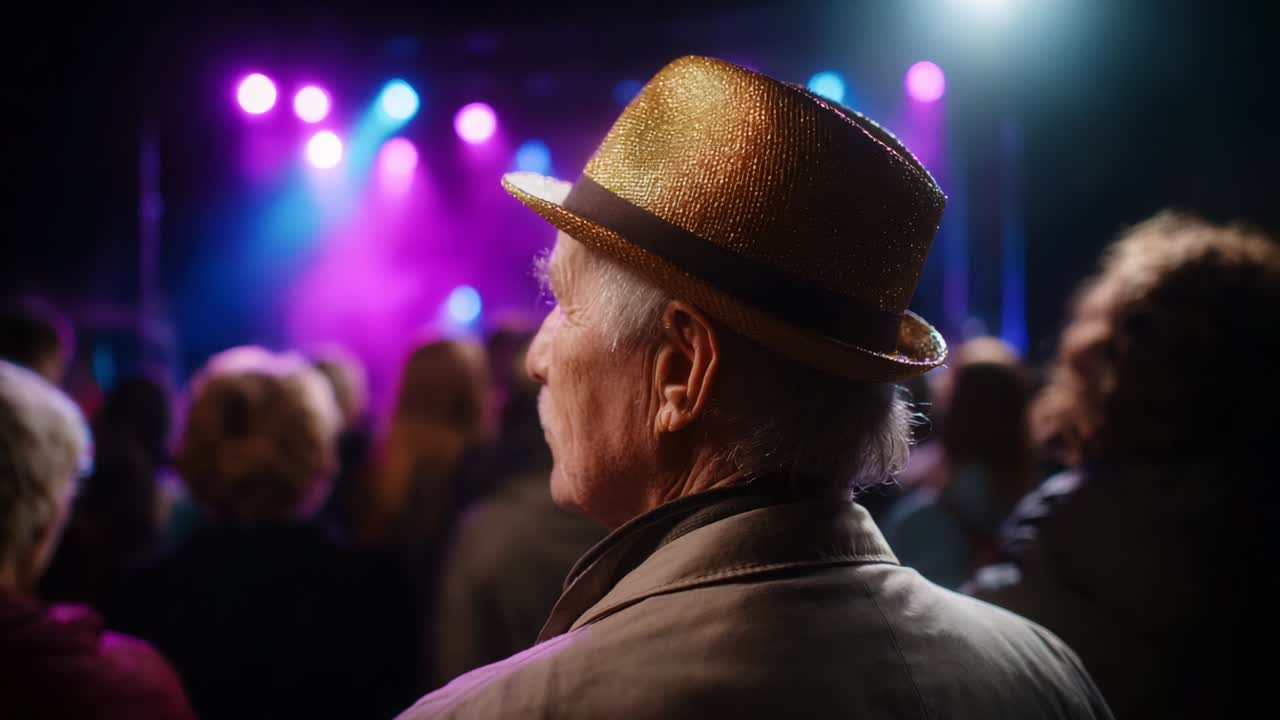 Un uomo anziano si gode lo spettacolo di un'esibizione dal vivo sotto luci di scena vivaci, catturando l'essenza della musica e della comunità in mezzo a una folla di spettatori entusiasti di notte