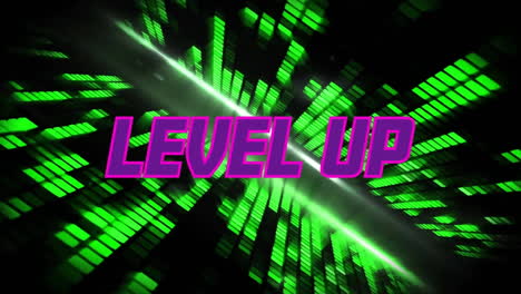 animation of level up text in purple over flashing green blocks of light on dark background