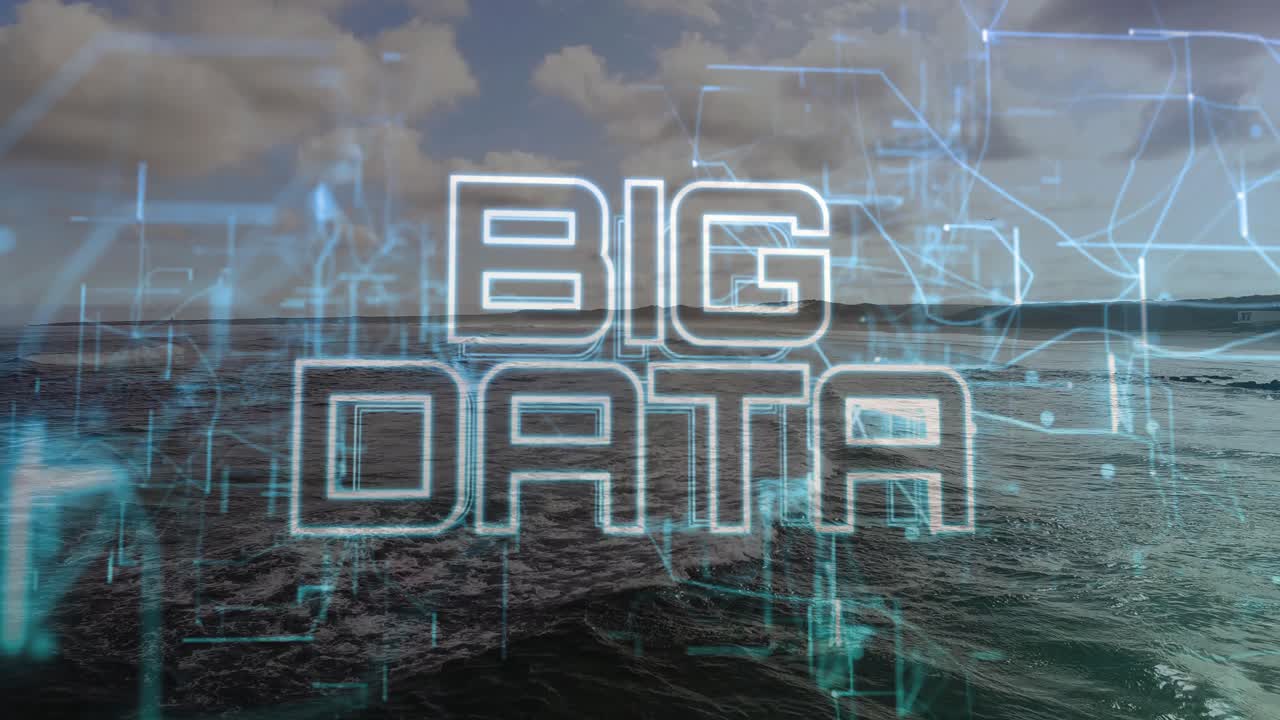 Turkise kretser som driver og konvergerer over havet, og danner glødende «BIG DATA»-tekst som flyter
