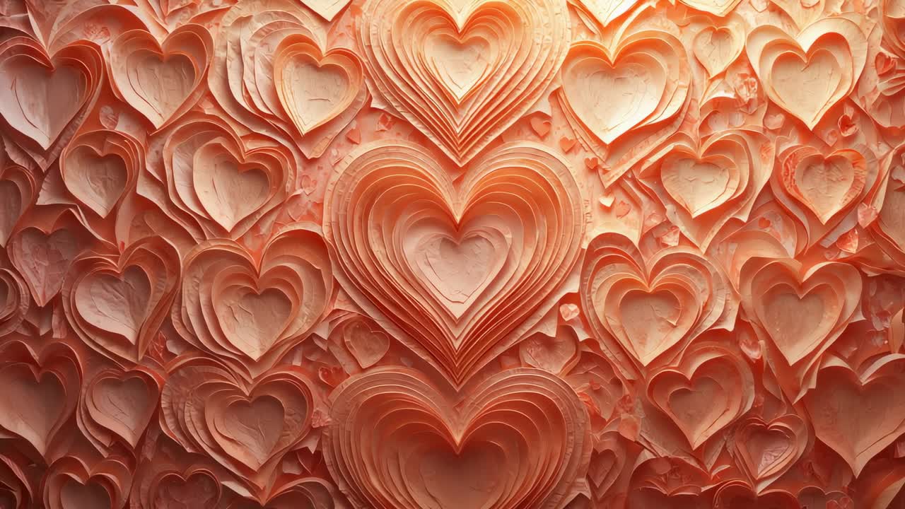 Inquadratura che sposta la camera rivelando una colonna centrale di bassorilievi a forma di cuore sovrapposti in una galleria che mette in risalto le creste