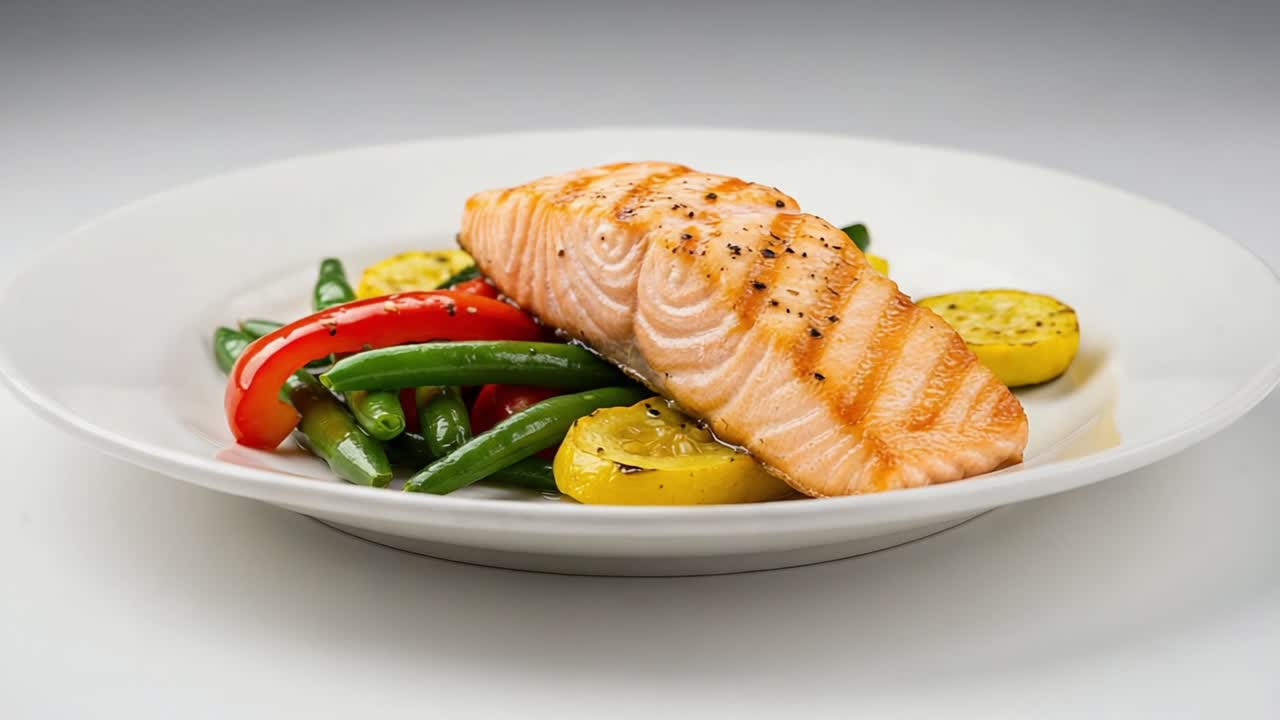 Grilled Salmon Fillet Served on a Plate with Freshly Cooked Green Beans, Sliced Yellow Squash, and Red Bell Peppers for a Healthy Meal Option