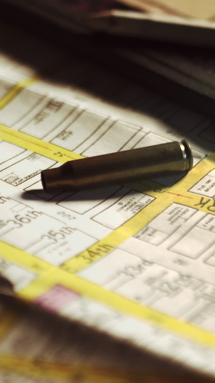 Slow cinematic move across an American street plan uncovering shell evidence. Dramatic visual for investigation and conspiracy themes