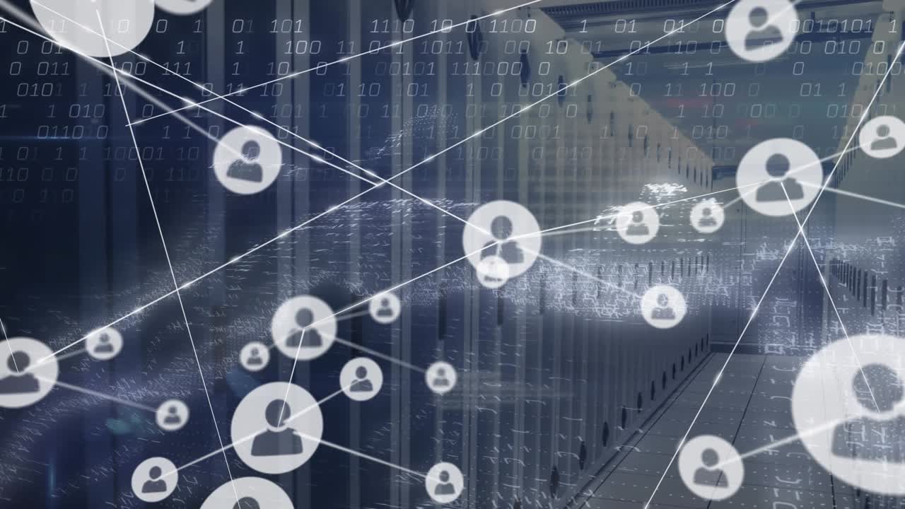 Animation of network of connections with icons and data processing over server room