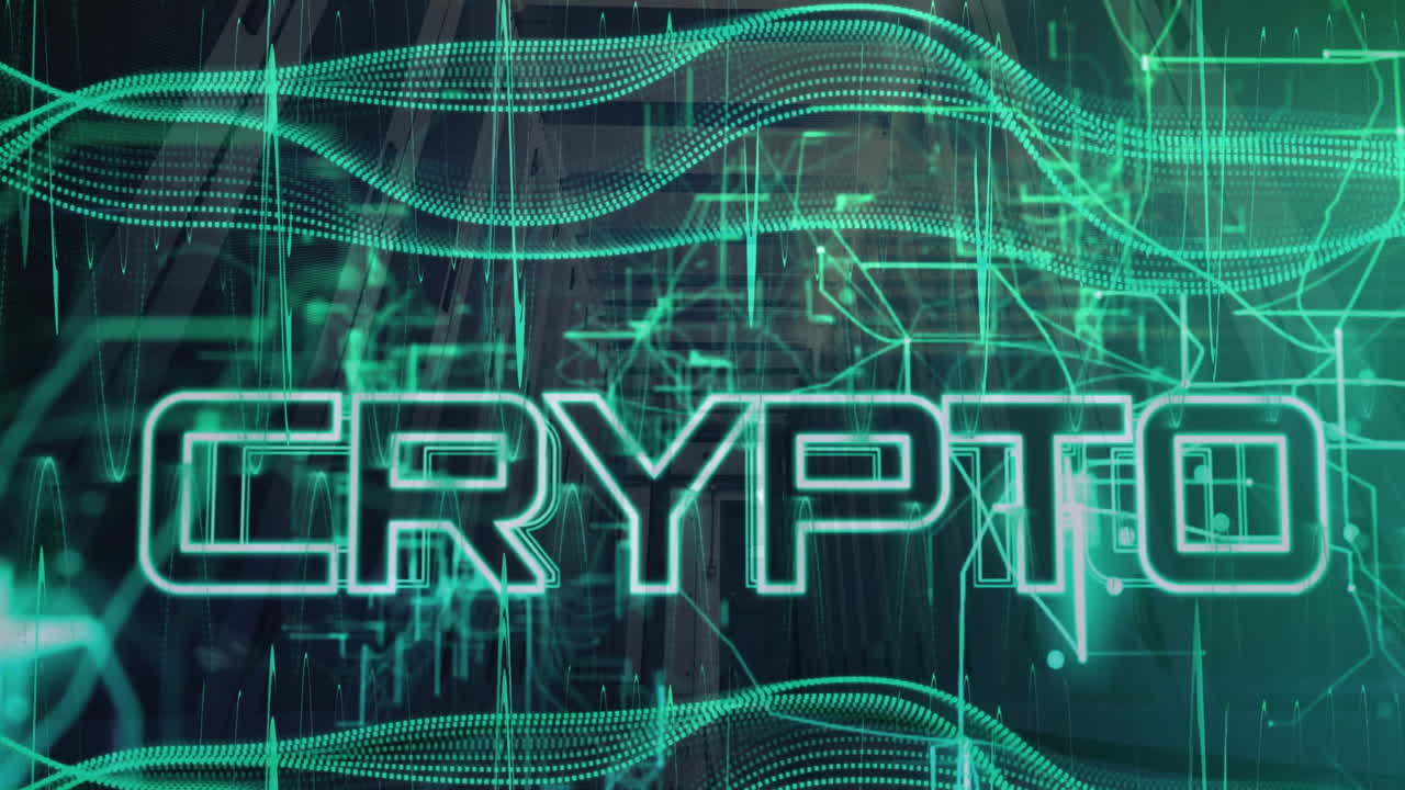 Animation of network of connections with crypto text over server room