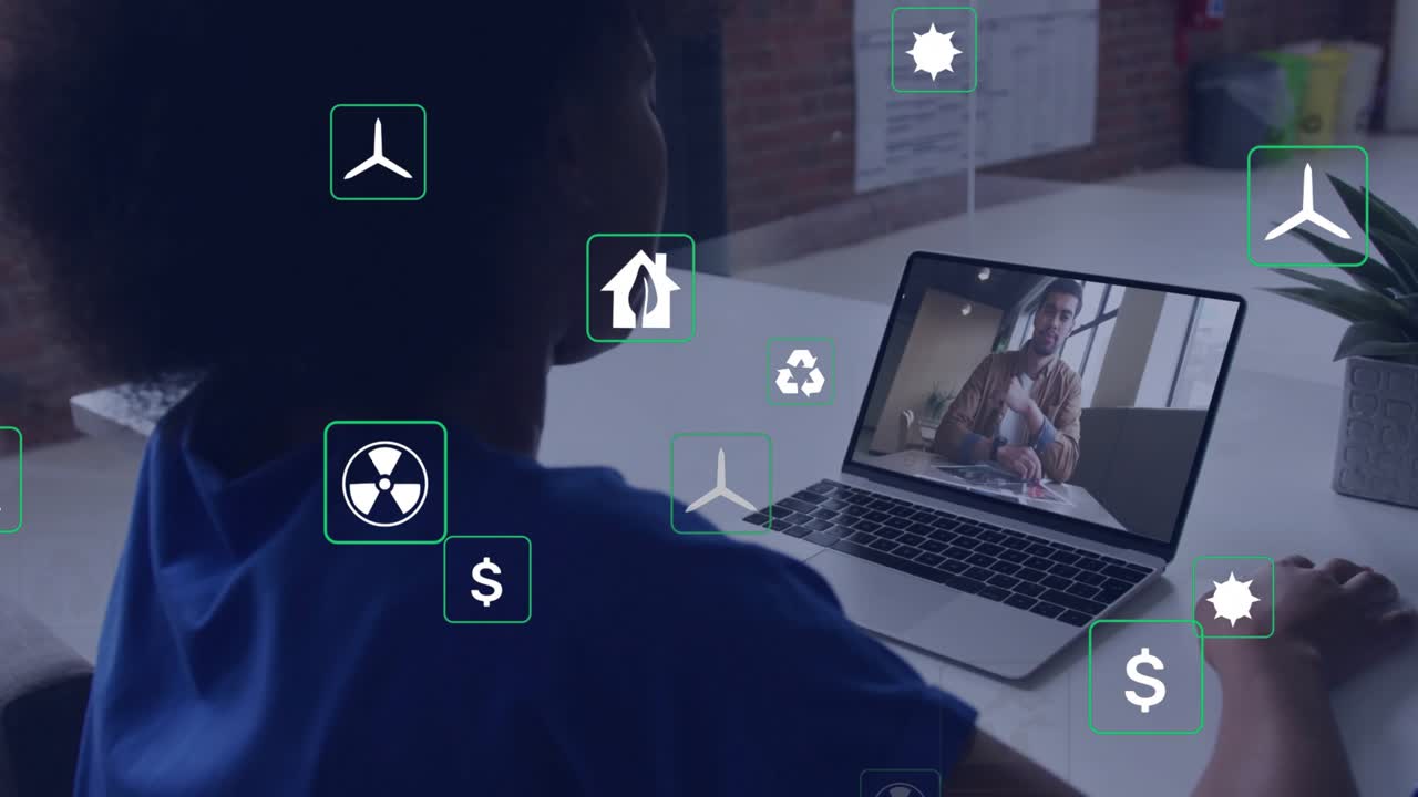 Woman opening call with male colleague at desk, energy icons floating showing sustainability talk