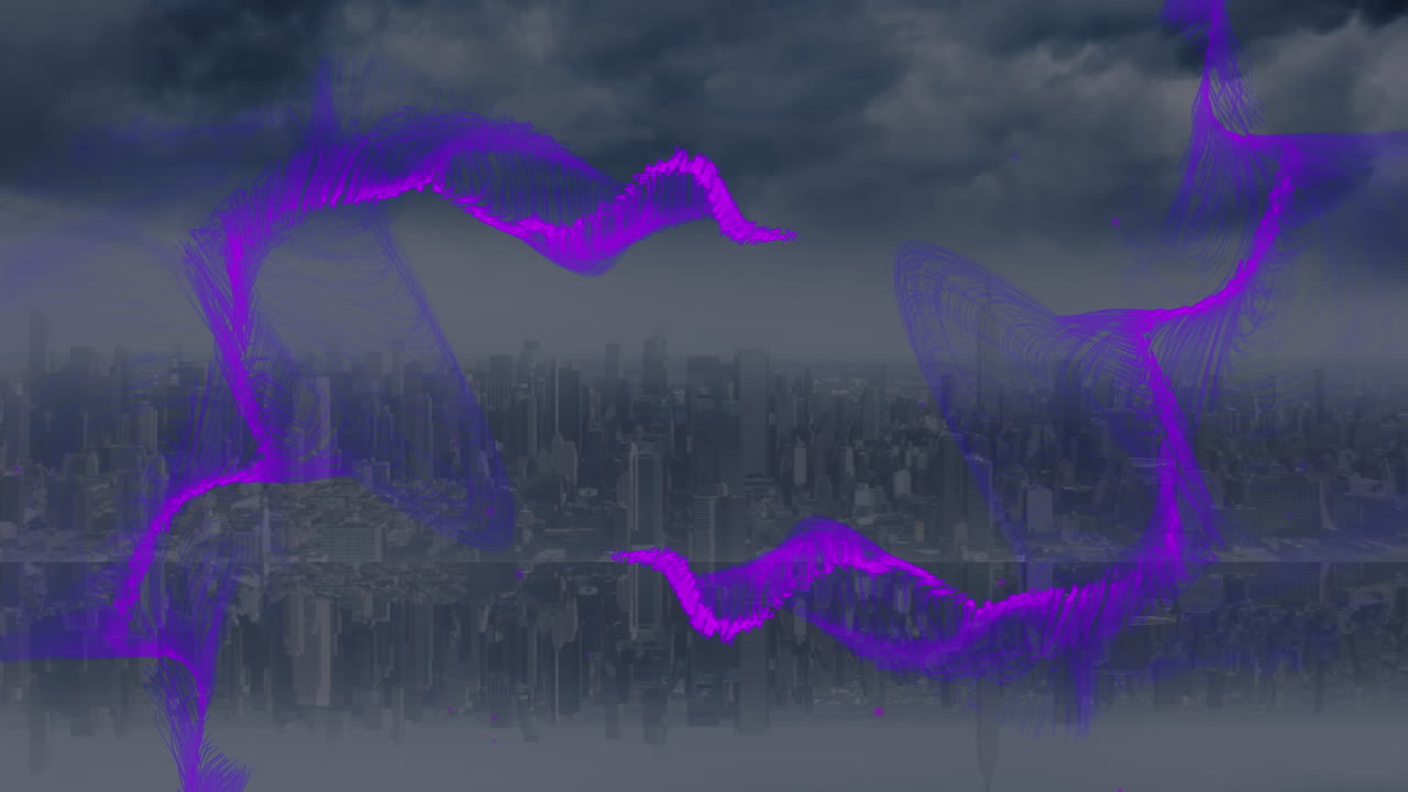 Animation of purple wave over cityscape